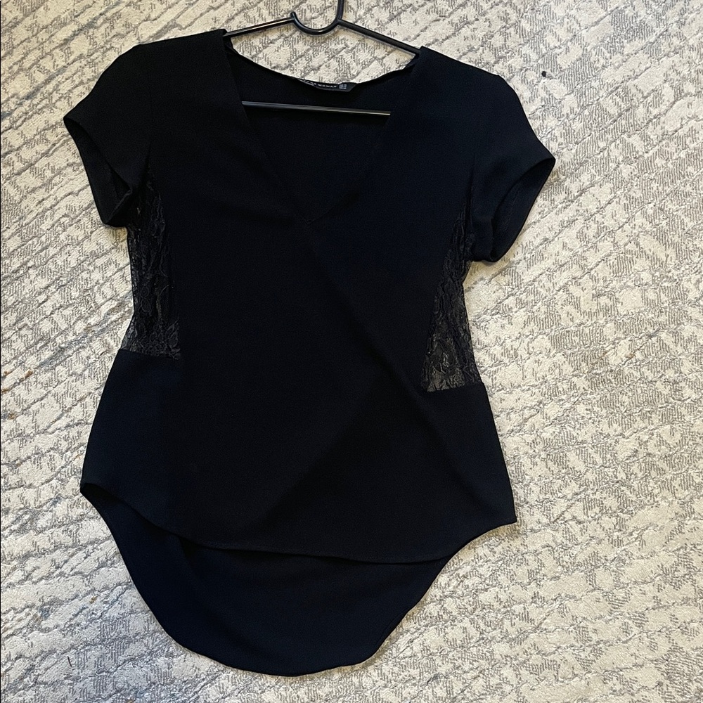 Black Lace-Trim V-Neck Women's Top